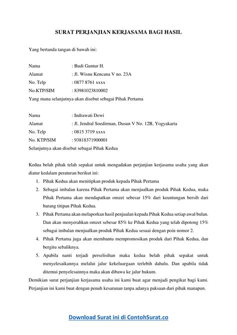 contoh surat perjanjian kerjasama bagi hasil pdf  Jakarta, 14 November 2020